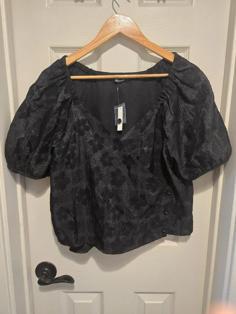 Madewell Floral Jacquard Puff Sleeve Wrap Top in True Black at Nordstrom, Size M